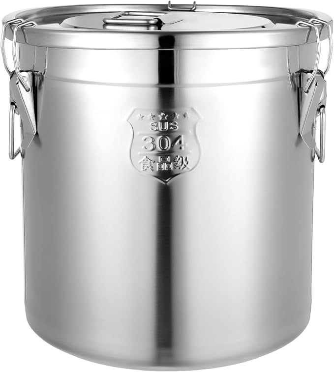 PERFERATE 304 Stainless Steel Airtight Canister 6L/12L Food Storage Bucket with Lids and Sturdy Locking Clamp Metal Cereal Rice Storage Container for Flour, Coffee Bean, Sugar, Cookie (33L)