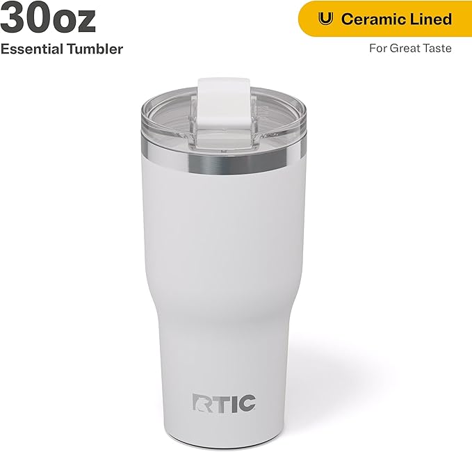 RTIC 30oz Essential Tumbler with Lid, Insulated, Stainless Steel, Metal, Double Wall Vacuum-Insulation, Ceramic Lined, Travel Cup for Iced Coffee, Tea, Hot and Cold Drink, White