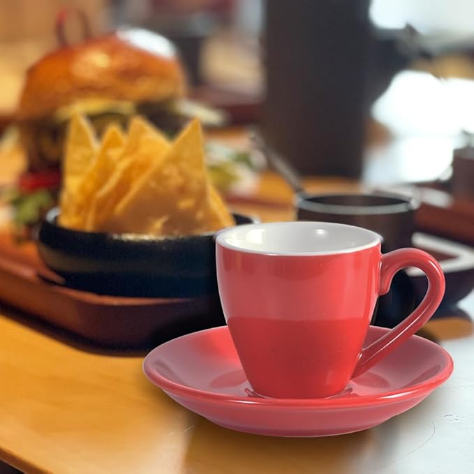 homEdge Porcelain Espresso Shot Cup Set with Saucers and Stainless Steel Spoons - 80 ml / 2.67 oz, Set of 4, Red