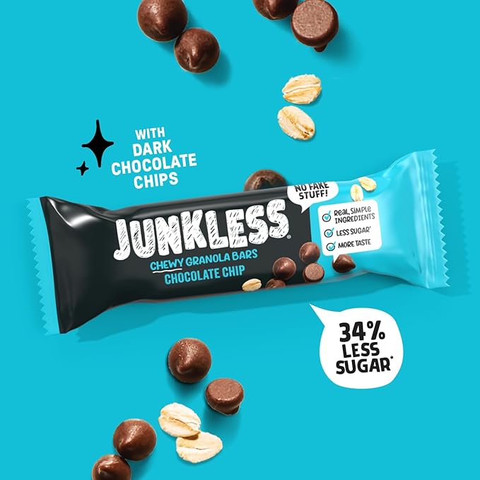 JUNKLESS Chewy Granola Bars Twin Pack – Chocolate Chip & Cinnamon Roll (12 Bars)–Less Sugar, Non-GMO, Gluten-Free, Wholesome Snack Bars for Kids & Adults, 2 Boxes
