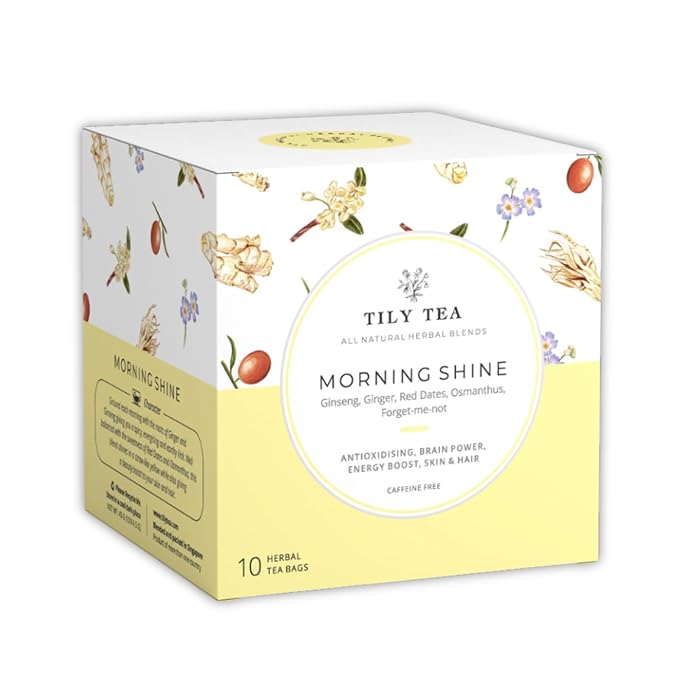 Tily Tea Morning Shine Breakfast Tea - Natural Herbal Tea for Focus and Energy - Ginger and Gingseng - Caffeine Free - 10 Plastic-Free Tea Bags