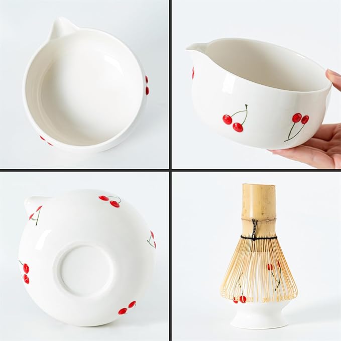 Red Cherries Matcha Whisk Set with Matcha Bowl, Bamboo Whisk, Scoop, and Whisk Holder, Hand-Painted Cute Matcha Set for Matcha Lovers & Tea Ceremony