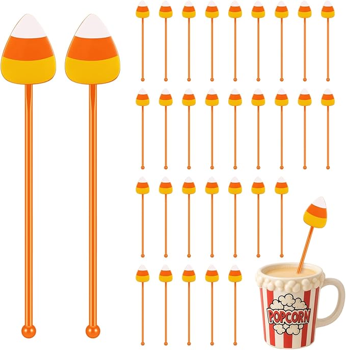 30 Pcs Halloween Swizzle Sticks Plastic Coffee and Cocktail Stirrers Fall Thanksgiving Drink Stirrers Cocktail Mixers for Halloween Fall Autumn Party Tea Coffee Bar Decoration(Popcorn)