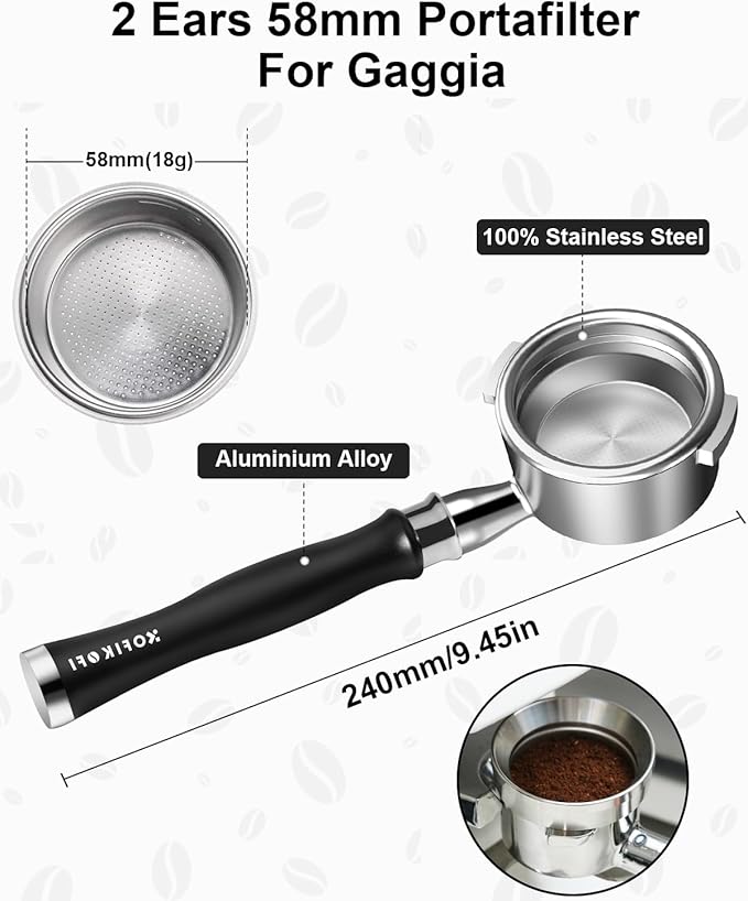 58mm Bottomless Portafilter For Gaggia, 2 Ears Flat Naked Portafilter Fits Gaggia Espresso Coffee Machines with Anodized Aluminum Handle, Stainless Steel Head,18g Filter Basket, Puck Screen Included