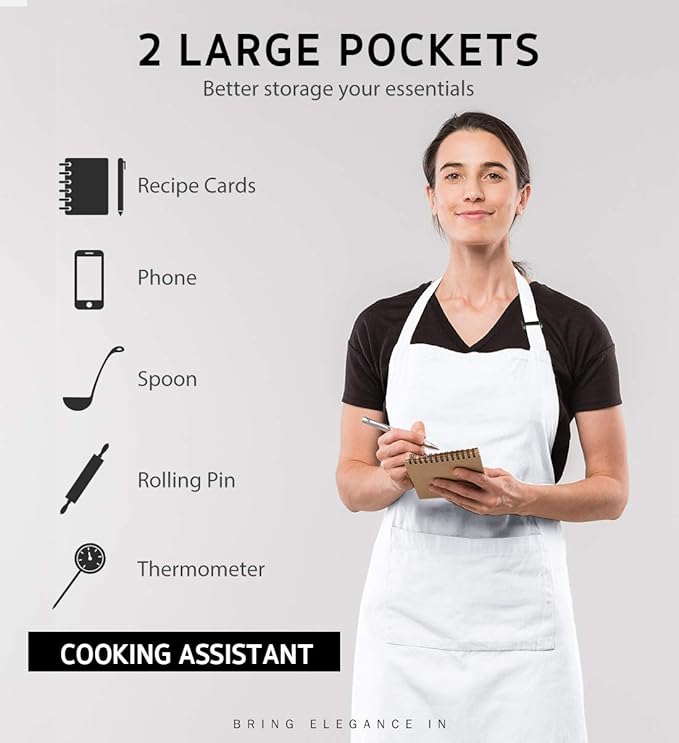 Syntus 12 Pack Bib Apron, Unisex Aprons Adjustable Waterdrop Resistant with 2 Pockets Cooking Kitchen Apron for Chef, BBQ Drawing Apron Bulk, White