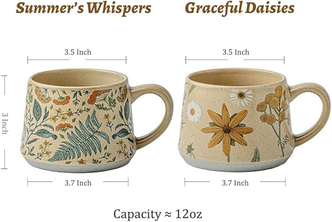 Floral Coffee Cup, 12oz Ceramic Hand Painted Porcelain Mug with Premium Gold Spoon, Cup for Cappuccino, Macchiato, Latte, Cafe, Tea, Unique Gift Idea (Summer's Whispers + Graceful Daisies)