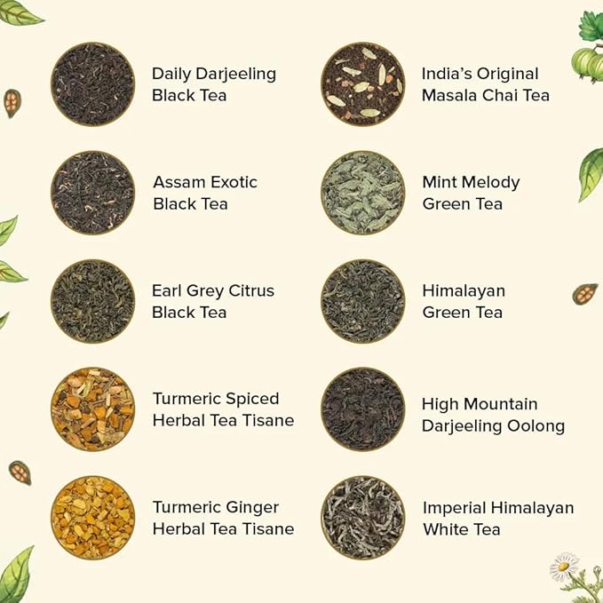 VAHDAM, Assorted Loose Leaf Tea Gift Set (10 Flavors) Gift Ideas for Women & Men | Herbal Tea, Green Tea, Chai Tea & Black Tea Sampler| Non-GMO, Gluten Free | Gifts for Him/Her