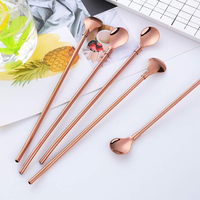 AmazonBasics 8PC 8.5Inch Stainless Steel Rose Gold Reusable Metal Straws + 2 Brushes