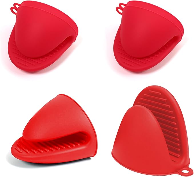 3 Pairs Silicone Oven Mitts Sets Pot Holders Heat Resistant for Kitchen - Small Kitchen Mittens Silicone Rubber Air Fryer Mitts Mini Pot Pinch Grip for Cooking & Baking, Red