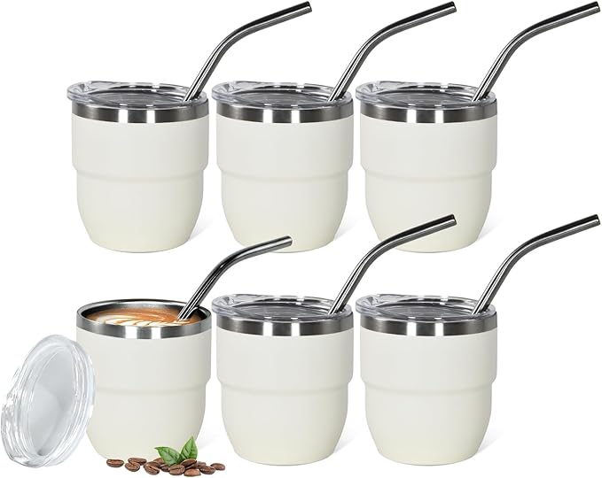 4oz Stackable Cup, Vacuum Insulated Espresso Cup Set of 6, Espresso Shot Glass for Coffee, Double Wall Stainless Steel Mini Tumbler Shot Glasses with Straw and Lid (A-white6P, 4oz)