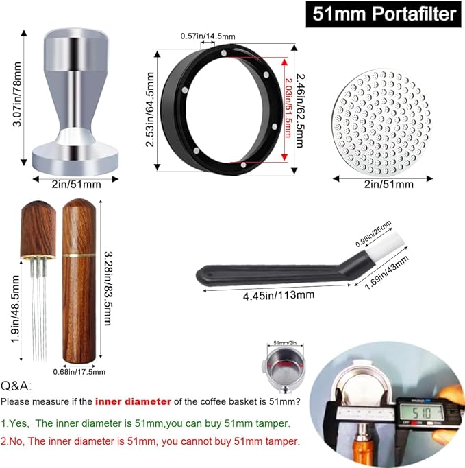 51mm Espresso Tamper Set, 5PCS Coffee Tamper Kit with WDT Tool, Coffee Stirrer, Dosing Funnel, Puck Screen 51mm Espresso Accessories Tampers Kit (Silver)