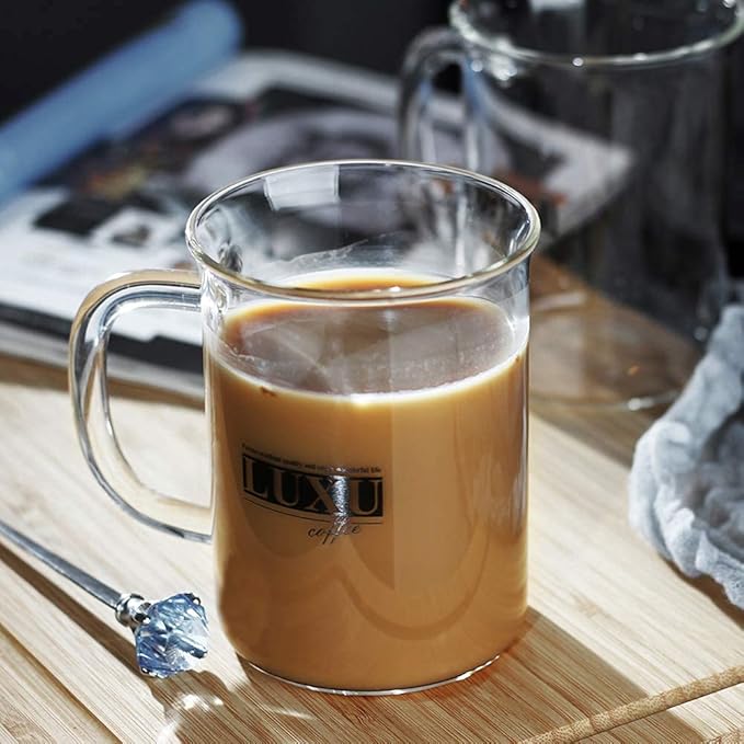 LUXU Borosilicate Glass Coffee Mugs (Set of 2)-15 oz,Clear Tea Cups,Lead-free Drinking Glasses with Handle,Perfect for Latte,Americano,Cappuccino,Tea Bags,Water,Milk and Hot and Cold Beverage
