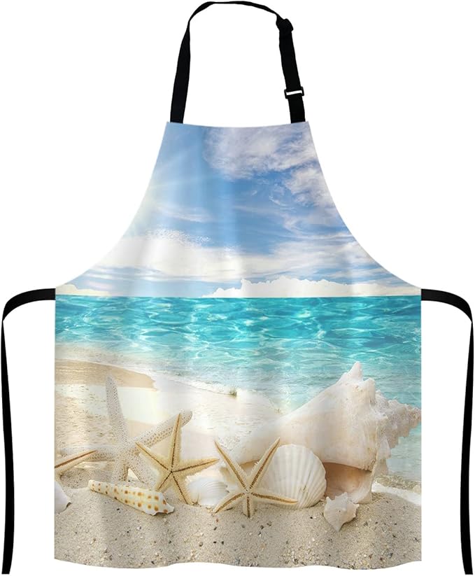 Caribbean Samana Beach Adjustable Bib Apron, Starfish Sea Shells Cooking Kitchen Apron for Men Women