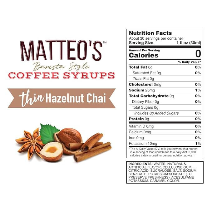 Matteo's Hazelnut Chai Syrup for Coffee, Lattes, Cappuccinos & Desserts – Sugar-Free Sweetener for Beverages, Keto Friendly, Zero Calories, Indulgent Flavor, Non-Alcoholic, 33.8oz (1pk)