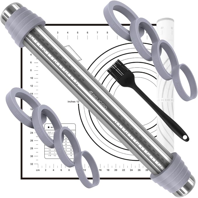 Rolling Pin and Silicone Pastry Mat Set, Adjustable Stainless Steel Dough Roller Pin with Silicone Brush for Pizza, Pie, Cookie, Pasta and Bread (Grey, 16.1 '')
