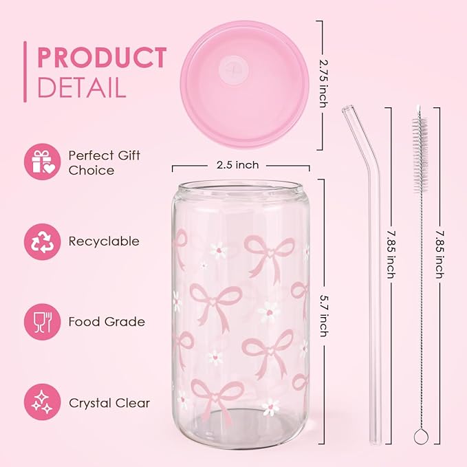 SANDJEST Bow Glass Can, Bows Cup with Lid & Straw, Iced Coffee Aesthetic Cups, Idea Gift for Christmas Birthday Mother Day, Gifts for Women, 16oz