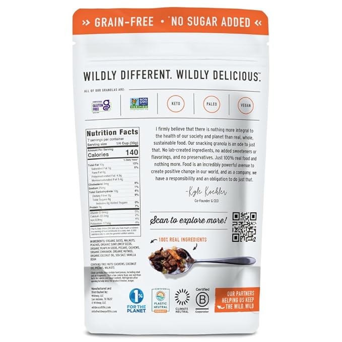 Wildway Keto Granola | Peach Pecan | Grain-Free, Certified Gluten-Free Cereal | Vegan, Low Carb | No Sugar Added | Paleo-Friendly | Non-GMO Fruit & Nut Clusters | Nutrient-Rich Snack | 8 oz, 6 Pack