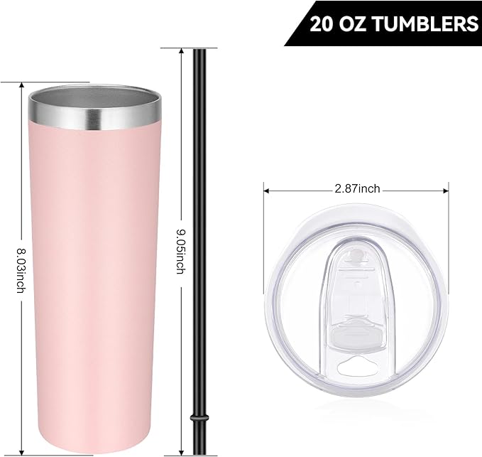 VEGOND Stainless Steel Tumblers Bulk 6 Pack, 20 oz Vacuum Insulated Skinny Tumblers with Lid and Straw, Double Wall Coffee Mug, Travel Water Cup, Light Pink