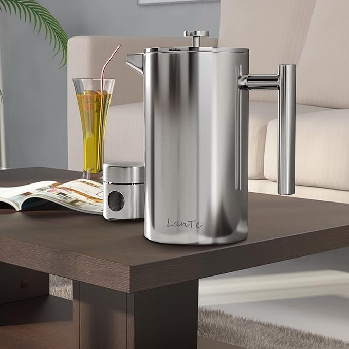 French Press, 600ml Double Insulated 304 Stainless Steel Coffee Tea Maker 4 Level Filtration System, No Coffee Grounds, Rust-Free, Dishwasher Safe for Single Use