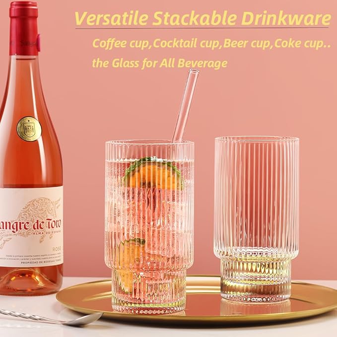 Ribbed Glassware Set of 4, 20oz Origami Style Drinking Glass Cup with Lid and Straw, Iced Coffee, Cocktail, Beer, Juice Stackable Drinking Glasses, Perfect for indoor and outdoor use