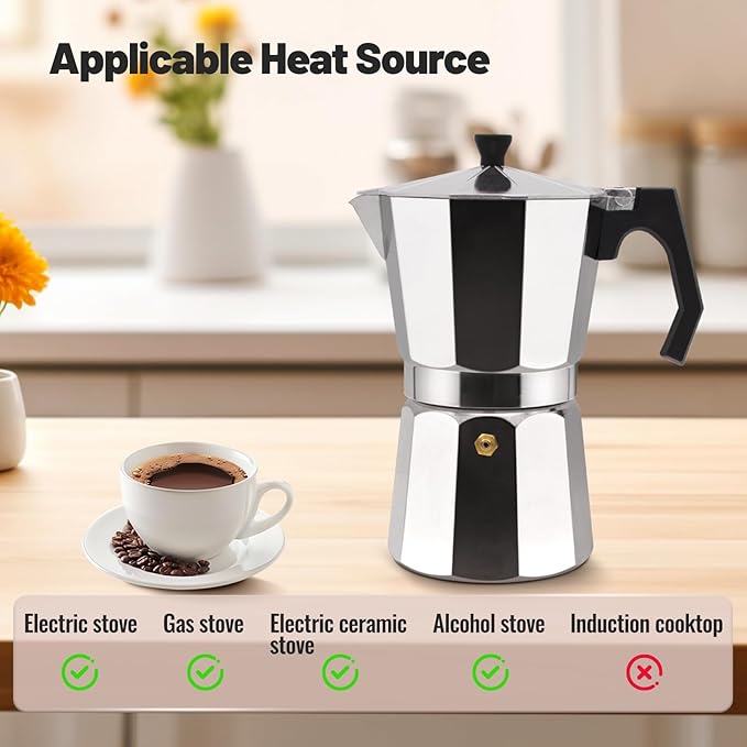 2 Cup Aluminum Moka Pot Classic Stovetop Espresso Coffee Maker 100ml 3.4oz Coffeemaker Percolator Mocha Pot Greca Coffee Maker Cafe Makers for Italian and Cuban Café Brewing Silver