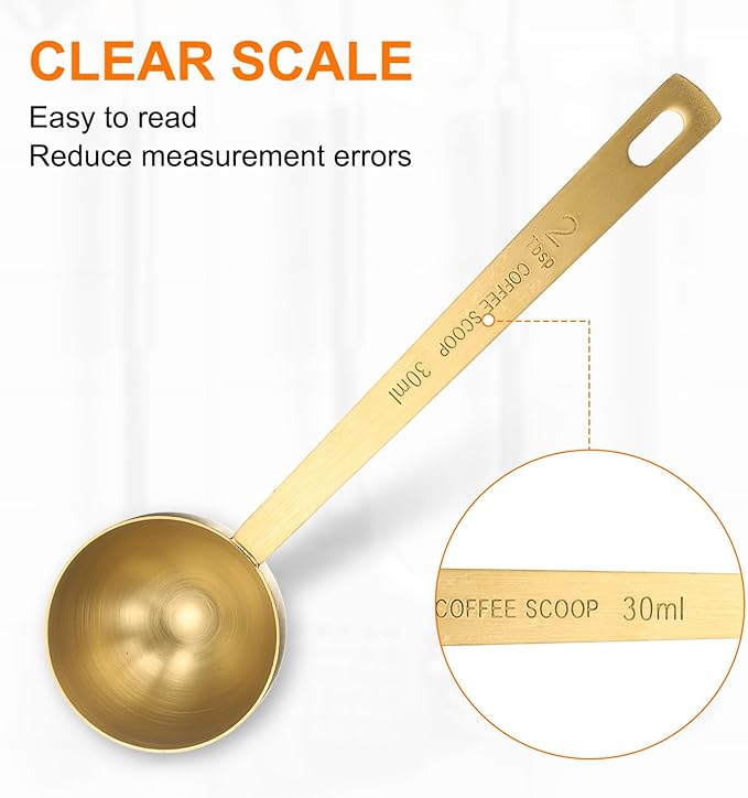 HARFINGTON 2pcs Coffee Scoop Spoon 2tbsp (6tsp, 30ml) 304 Stainless Steel Long Handle Teaspoon/Tablespoon Measuring Spoons Scoops for Tea Sugar Kitchen, Gold