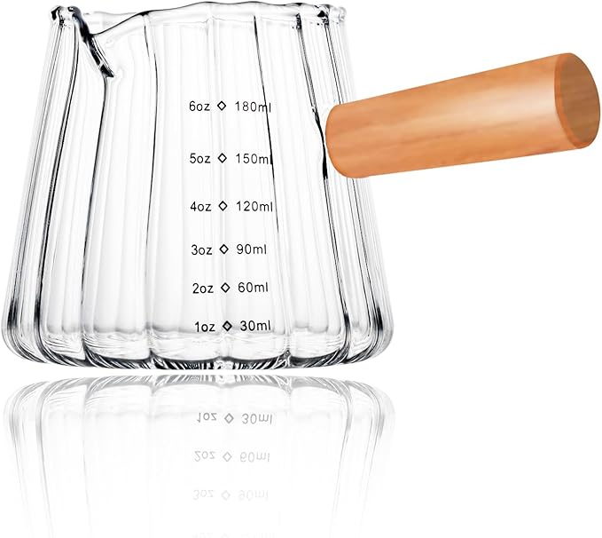 Espresso Measuring Cup 6 Oz, Espresso Glass Cups with Wood Handle, Milk Frothing Cup, Espresso Cup for Coffee, Milk, Tea or Maple Syrup Serving