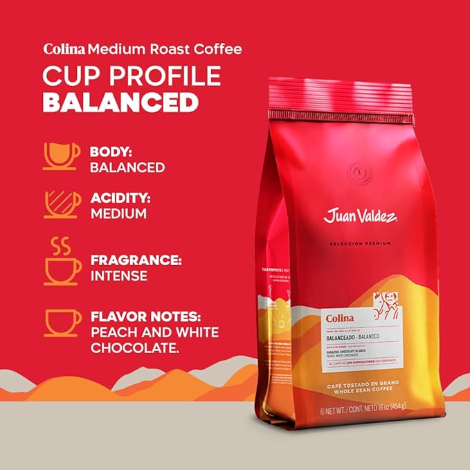 Juan Valdez Colina Whole Bean Coffee, Balanced Roast 16 OZ - Premium Colombian Coffee - Unique “Caracolito” beans produce a coffee of balanced flavor and mild texture (Pack of 2)