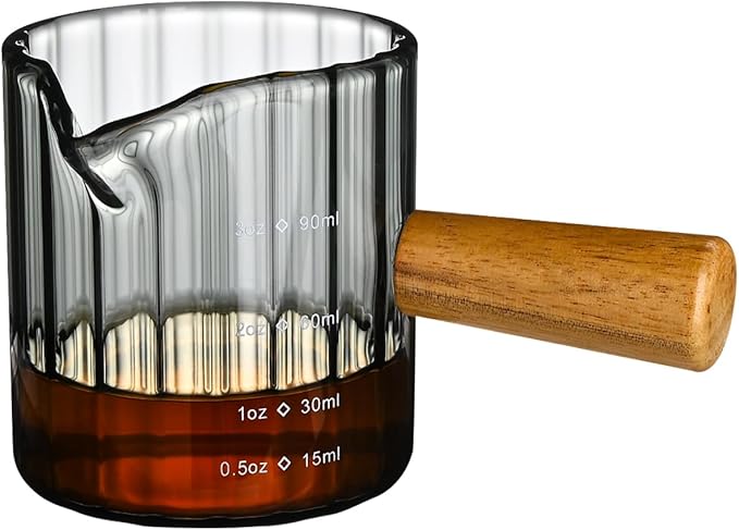 Glass Measuring Cup, 3oz Espresso Shot Glass with Wood Handle, Single Spout Measuring Cups Pitcher Milk Cup Coffee Shot Glasses (Gray Ribbed)
