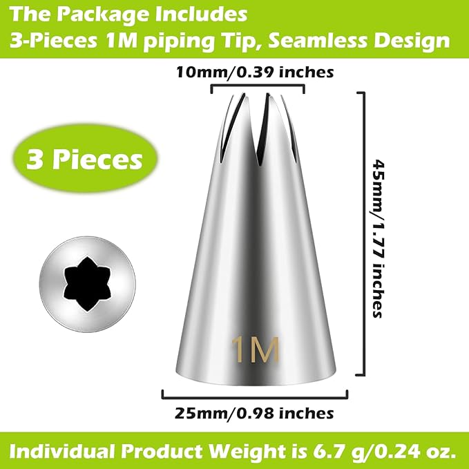 Suuker 1M Cake Decorating Tips, Stainless Steel Large Star Piping Tips Set, Open Star Frosting Tips for Cupcakes, Cookie and Cake Decorating, 3 Pieces