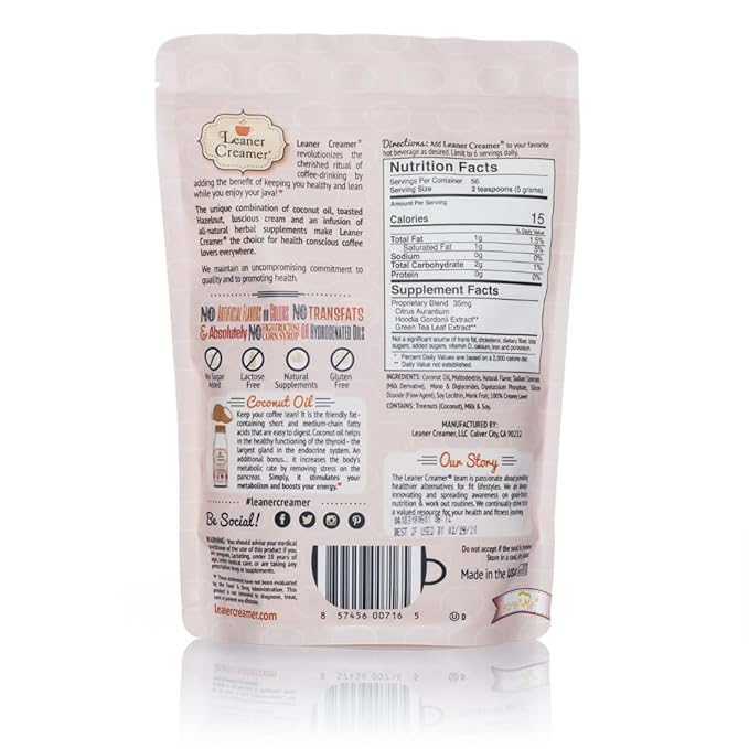 Leaner Creamer Coconut Creamer with Superfood Ingredients – Non-Dairy, Sugar-Free, Keto, Gluten-Free Powdered Coffee Creamer – Hazelnut Flavor – 280g