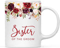 Andaz Press 11oz. Wedding Ceramic Coffee Tea Mug Gift, Fall Autumn Marsala Burgundy Flowers Roses Florals, Sister of the Groom, 1-Pack, Includes Gift Box