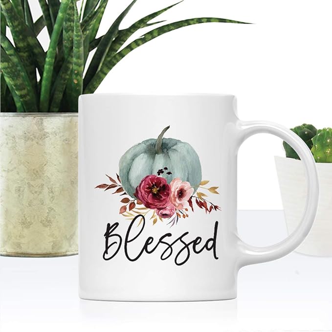 Andaz Press Fall Burgundy Marsala 11oz. Ceramic Coffee Tea Mug, Blessed, 1-Pack, Pumpkin Floral Graphic, Birthday, Friend, Family, Coworker, Autumn Season, Festive Thanksgiving Ideas