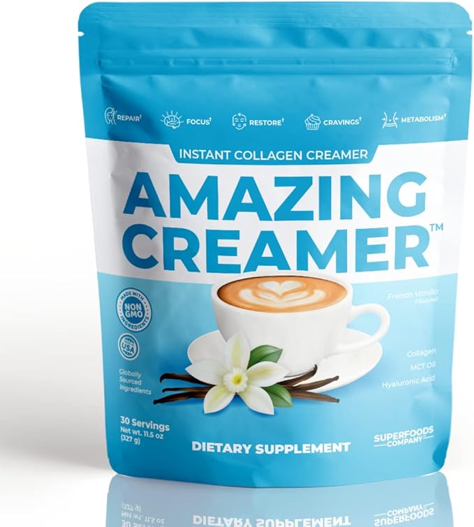 Superfoods Company Amazing Creamer with Collagen - Keto Creamer-Hyaluronic Acid & MCT Oil - Brain Boost & Curbs Cravings - Supports Healthy Skin & Hair - Diet-Friendly [30 Servings] [Vanilla]