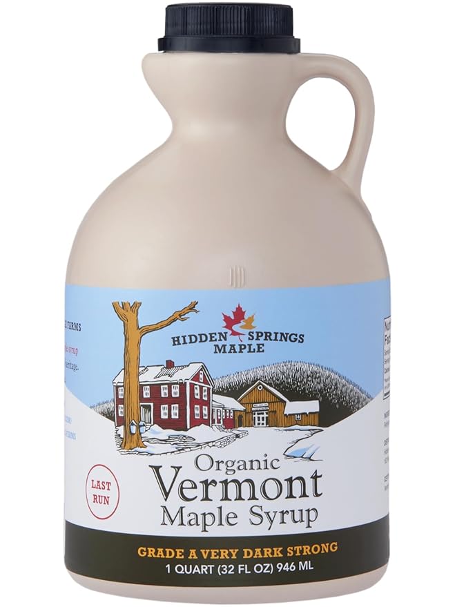 HIDDEN SPRINGS MAPLE 100% Organic Vermont Maple Syrup, Grade A Very Dark Robust, 32 Ounce, 1 Quart, Family Farms, BPA-free Jug