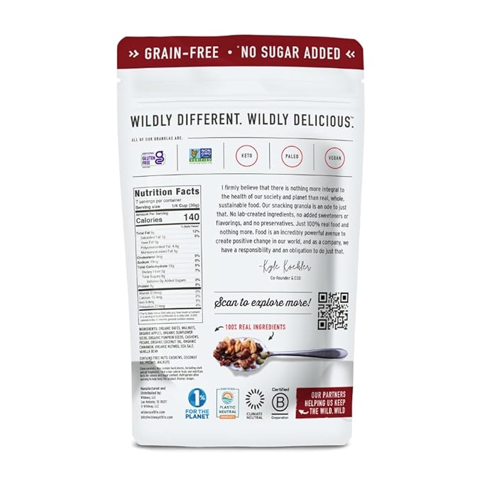 Wildway Keto Granola | Apple Cinnamon | Grain-Free, Certified Gluten-Free Cereal | Vegan, Low Carb | No Sugar Added | Paleo-Friendly | Non-GMO Fruit & Nut Clusters | Nutrient-Rich Snack | 8 oz, 6 Pack