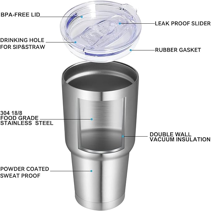 DOMICARE 30 oz Tumbler with Lid and Straw, Stainless Steel Tumblers Bulk, Insulated Vacuum Double Wall Travel Coffee Mug, Durable Powder Coated Tumbler Cups (Stainless Steel, 12)