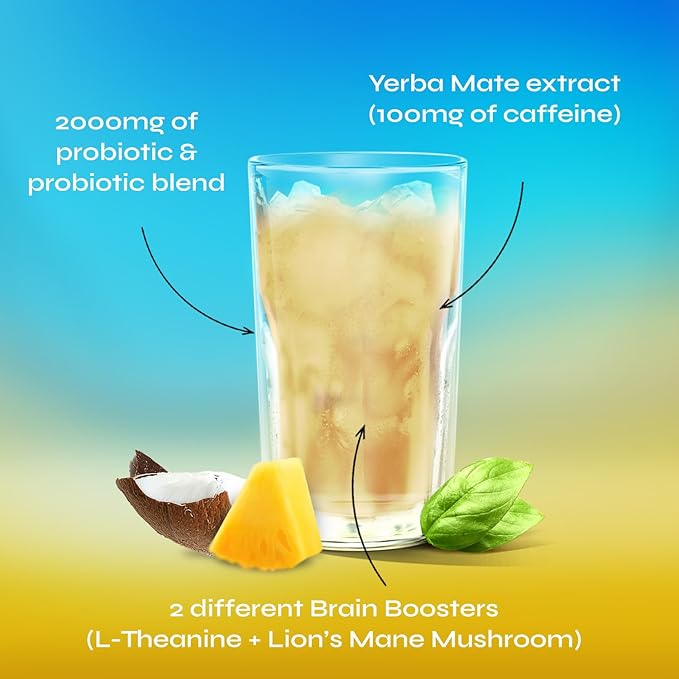 Yerba Magic - Yerba Mate Instant Tea Powder, 3-in-1 Super Drink - Clean Energy, Brain Fog Buster, and Gut Health Powered by Nootropics, Prebiotics & Probiotics | Pina Colada 30 Servings