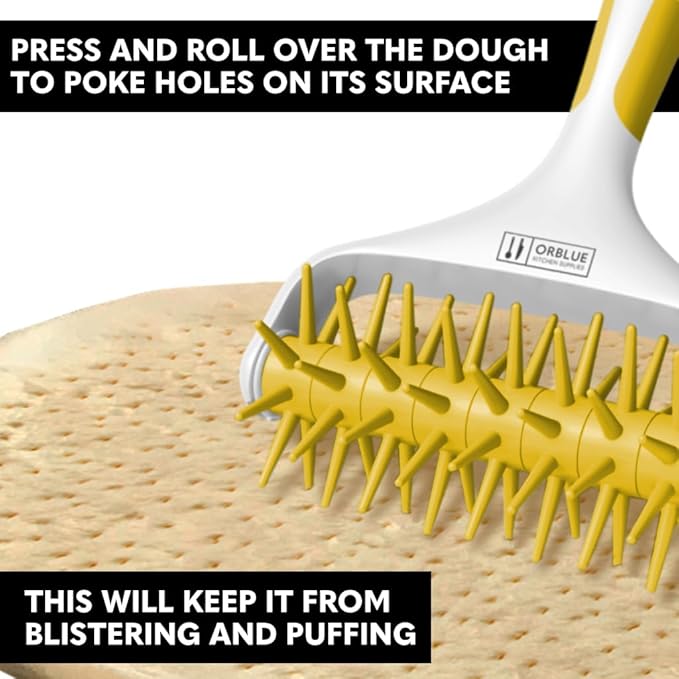 Orblue Pizza Dough Docker, Pastry Roller with Spikes, Pizza Docking Tool for Home & Commercial Kitchen - Pizza Making Accessories that Prevent Dough from Blistering, Yellow