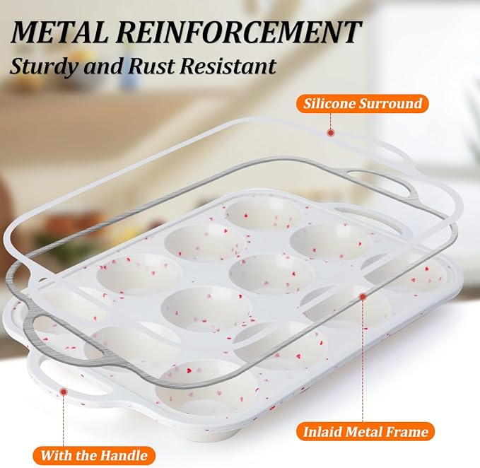 CAKETIME Silicone Muffin Pan, Metal Reinforced Frame Silicone Cupcake Pan Easy to Handle 12 Cups for Valentine's Day Baking Nonstick Regular Size Muffin Tin 1 Pack Love Heart