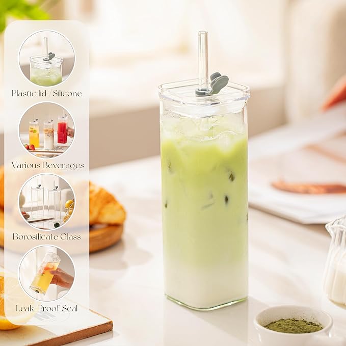 12 Sets Square Drinking Glass Cups with Lids & Straws, 17 Oz Clear Highball Glasses for Cocktail, Iced Coffee, Juice, Beer - Modern Glass Tumblers