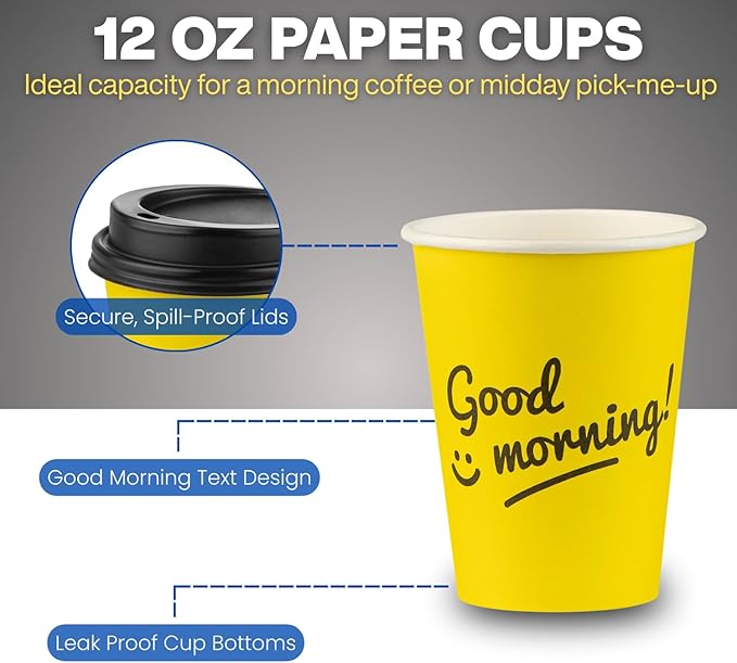 Smygoods Disposable Coffee Cups with Lids, To Go Paper Hot Cups, Good Morning Design (12 OZ, 100 Count) For Hot Beverages, Coffee, Tea, Espresso, Cocoa - Vasos Para Cafe