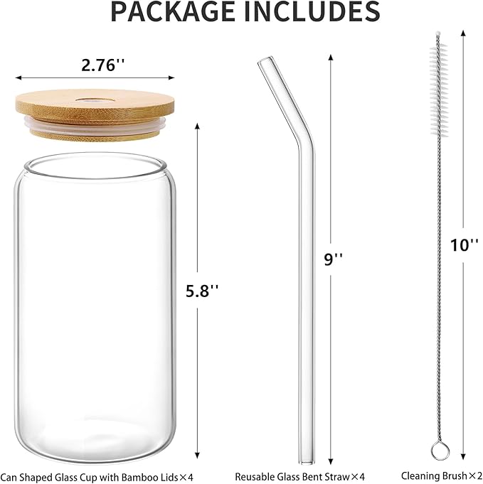Glass Cups with Lid and Straw, 16oz Beer Glasses Glass Coffee Cups, Iced Coffee Cups with Lid, Glass Tumbler with Straw and Lid (4 PACK)