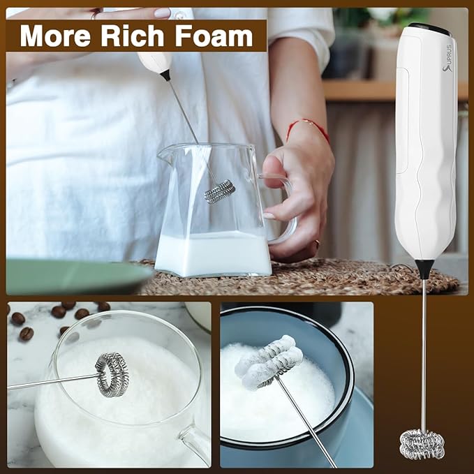 SUPRUS Ultra Fast Handheld Milk Frother Double Whisk with Stand 2 Batteries Stainless Steel for Lattes Cappuccino Matcha Hot Chocolate Coffee Bar Accessories Kitchen Gadgets Gift