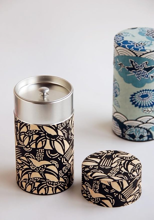 Japanese Pokkan Coffee Spice Tea Tin Canister Washi Paper Storage with Lid 7.05 oz Capacity (Modern Seigaiha)