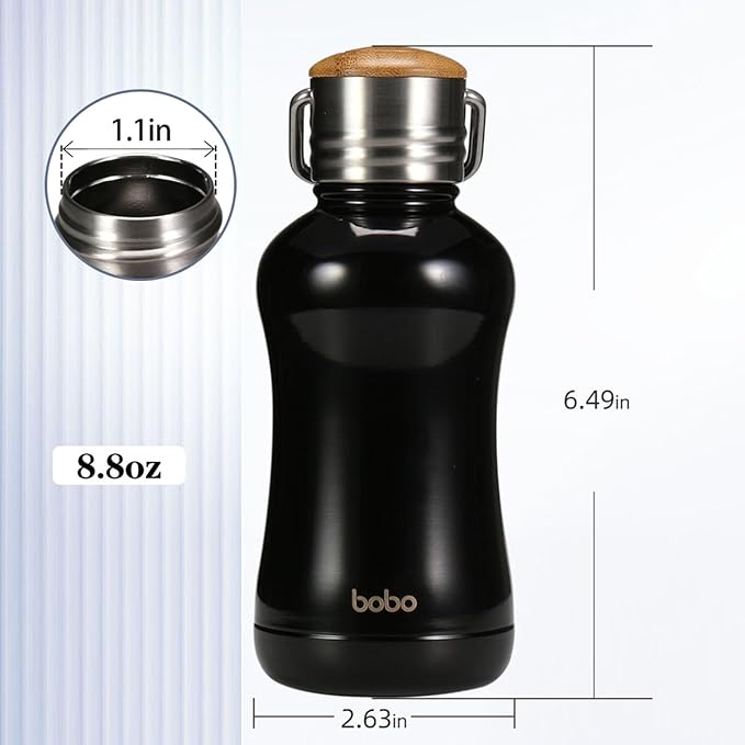 YOHKOH Mini Insulated Water Bottle With Bamboo Lid - 8.8oz Small Vacuum Insulated Water Bottle for Women Kids, 12 Hrs Hot & 24 Hrs Cold Stainless Steel Thermos Leak-Proof BPA-Free (8.8oz,Black)