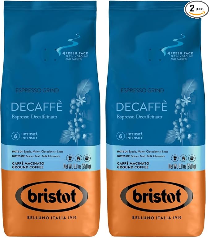 Bristot Decaf Ground Espresso – Medium Roast Italian Coffee – Smooth & Bold Flavor – 8.8 oz (250g) (Pack of 2)