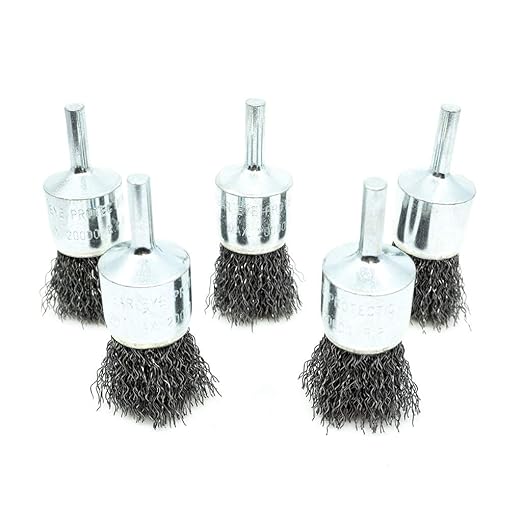Benchmark Abrasives 1" Crimped Wire End Brush Die Grinder for Cleaning deburring on Cast Iron, Steel, Titanium, Nickel, 1/4" Shank for Rotary Tools (5 Pack) - Carbon Steel