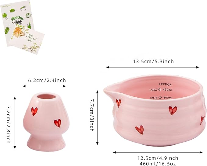 2pcs Matcha Bowl with Whisk Holder, Ceramic Pink Matcha Bowl with Spout, 16.5OZ Porcelain Bowl with Measurement Marks, Tea Mixing Bowl with Whisk Stand, Cute Matcha Gift Set (pink love)