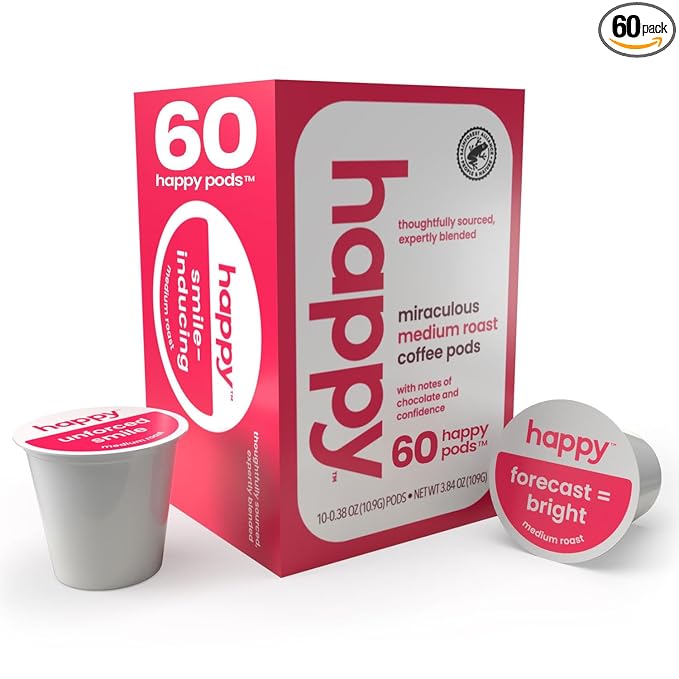 happy coffee medium roast coffee pods, 60 count, notes of chocolate & confidence, compatible with most K-cup brewers, rainforest alliance certified